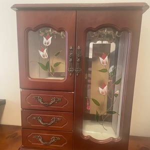 Vintage Wooden Jewelry Box upright with glass door large capacity